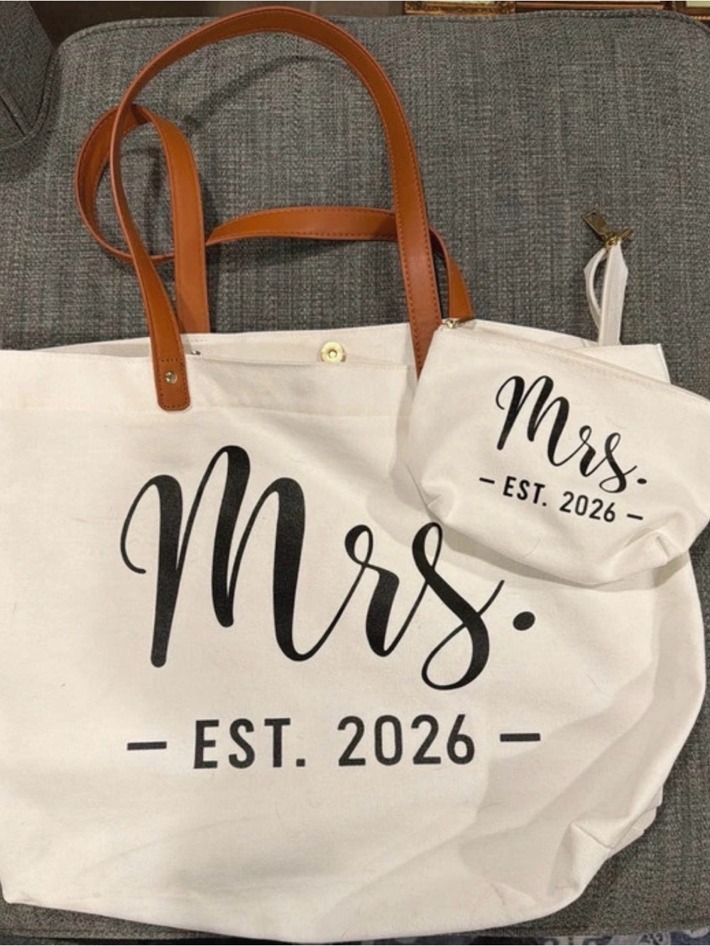 Mrs. Est. 2026 White Canvas Tote with Tan Handles